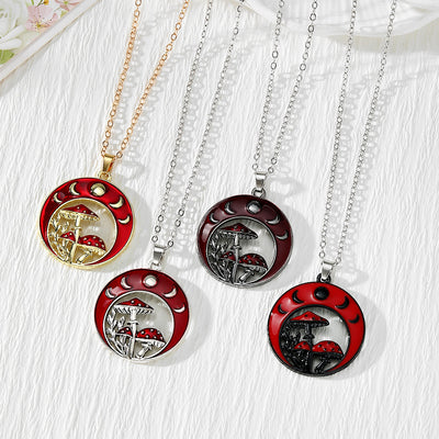 Main product view of red Moon and Mushroom Pendant Necklaces in Four Metal Finishes