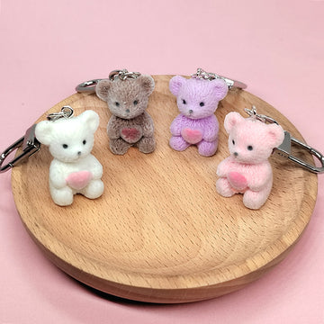 Flocked Heart Teddy Bear Keychains Lobster Clasp 4 Colors