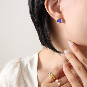 Square Tiger Eye Cat Eye Stud Earrings Gold Steel Frames