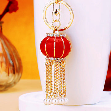 Red Enamel Lantern Keychain with Chain Tassels and Pearl Like Drops