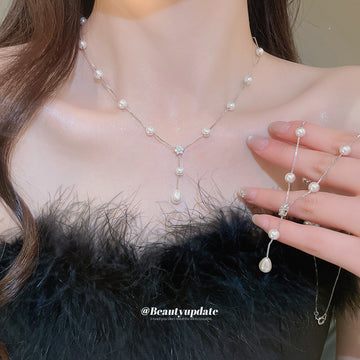 Silver Tone Faux Pearl Station Necklace With Flower Drop Pendant