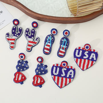 Seed Bead Patriotic USA Heart Cactus Flip Flop Dangle Earrings