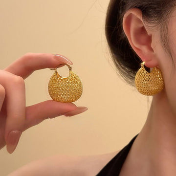 Gold Tone Woven Mesh Round Hoop Statement Earrings
