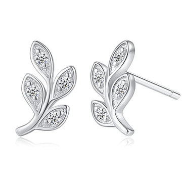 Three-Leaf Clear CZ Stud Earrings Gold Silver Tones