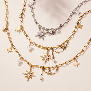 Eight Point Star Paperclip Necklace Pearls Gold Steel