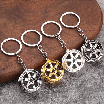 Six-Spoke Alloy Car Wheel Rim Keychain With Split Ring