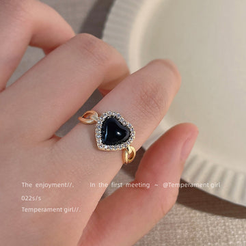 Gold-Tone Open Adjustable Black Heart CZ Halo Band Ring