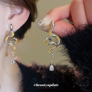 Mixed Metal Snake Drop Stud Earrings with Crystal Tips