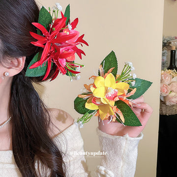 Fabric Orchid Leaf Duckbill Hair Clips Red And Yellow