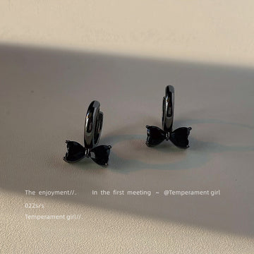 Black Tone Bow Charm Huggie Hoop Earrings For Women