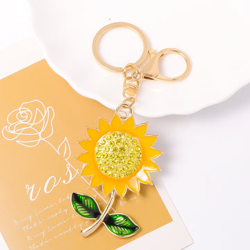 Yellow Enamel Sunflower Keychain Rhinestone Center Gold Clasp