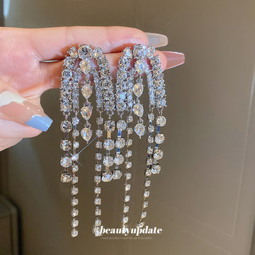 Silver Crystal Multi Chain Tassel Earrings Fashion Jewelry