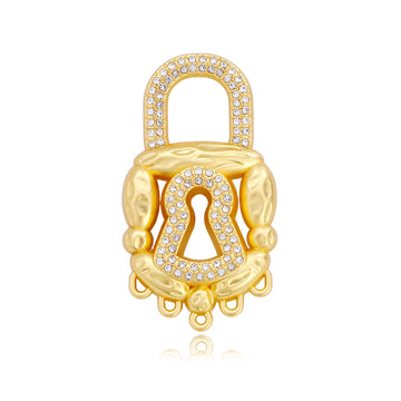 Gold Tone Crystal Heart Keyhole Lock Metal Brooch Pin