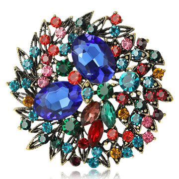 Antique Gold Multicolor Crystal Cluster Brooch Pin