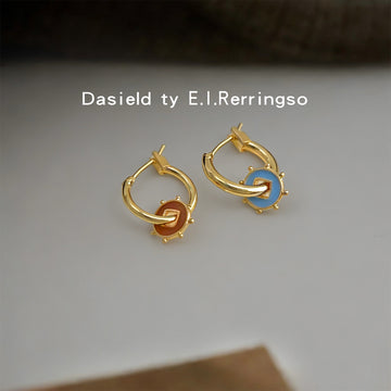 Gold Asymmetric Blue Rust Enamel Disc Hoop Earrings