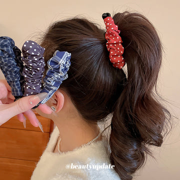Ruched Fabric Banana Hair Clips Polka Plaid 3 Styles
