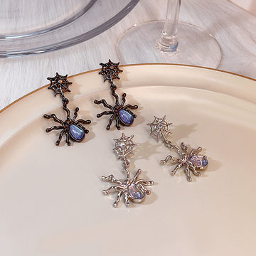 Black and Silver Spider Web Blue Teardrop Dangle Stud Earrings