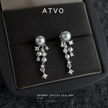 Grey Pearl Cascade Tassel Drop Earrings Silver CZ Stars
