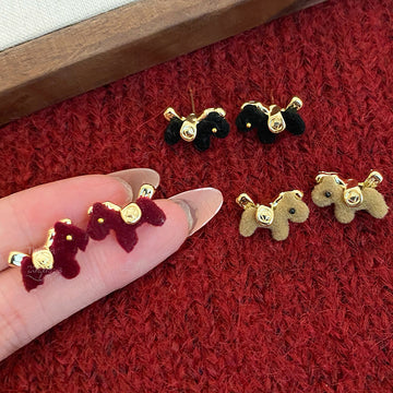 Small Flocked Horse Stud Earrings In Black And Burgundy
