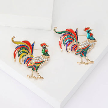 Multicolor Enamel Rooster Brooch With Clear Crystal Body