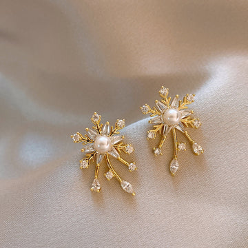 Gold Tone Floral Pearl Tassel Stud Earrings Decorative Jewelry