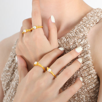 Gold Steel Open Band Pearl Ring Irregular Wave Shank