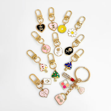 Enamel Mushroom Rose Heart Bear Daisy Charm Keychain in Gold Tone Alloy