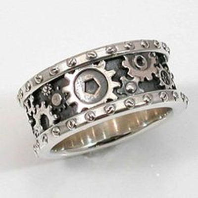 Antique silver gear steampunk wide band ring front