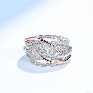 Wide Two-Tone Pave Ring with Crossing Rose-Tone Lines in Silver-Tone Brass