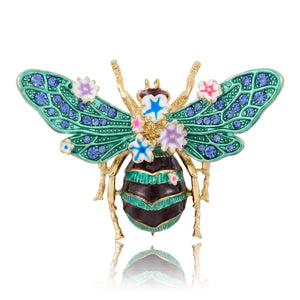 Gold Tone Enamel Bee Brooch Crystal Wing Flower Pin