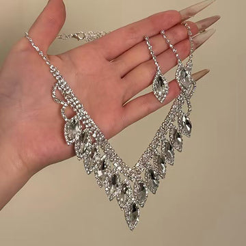 Clear Marquise Leaf Crystal Necklace Earrings Silver Set