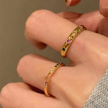 Gold Tone Two Ring Set With Colorful Stones And Textured Bands