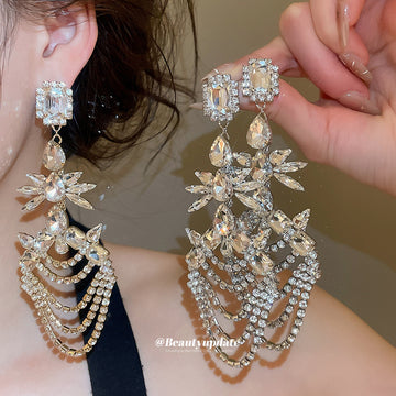Crystal Floral Chandelier Earrings in Two Tones Statement Jewelry