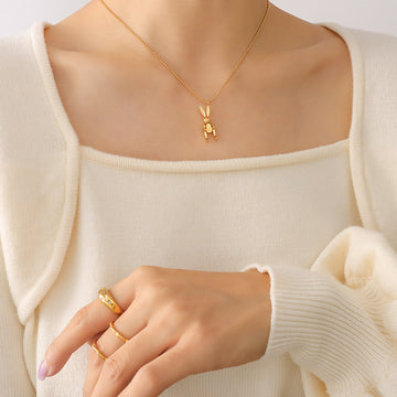 Mechanical Rabbit Pendant Necklace Gold Steel Ball Chain