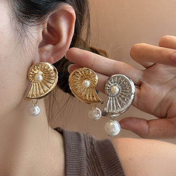 Gold and Silver Nautilus Shell Pearl Look Drop Earrings