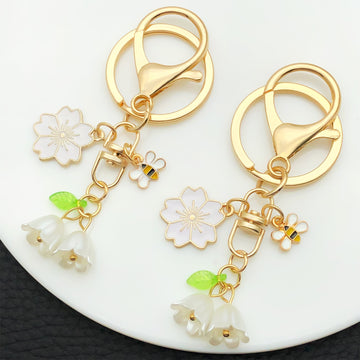White or Pink Blossom Bee Bell Flower Keychains with Metal Hardware