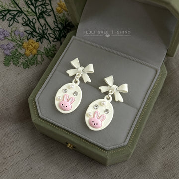 White Bow Pink Bunny Oval Drop Stud Earrings Rhinestones