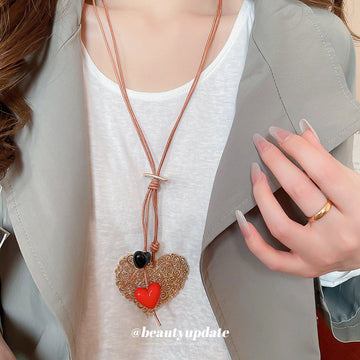 Layered Heart Pendant Cord Necklace in Brown and Red