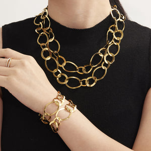 Gold Irregular Oval Circle Link Necklace Bracelet Earrings
