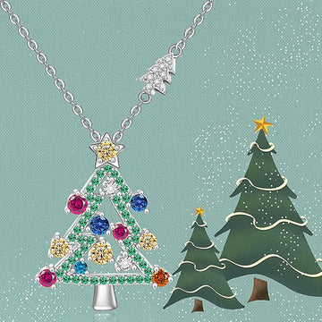 Silver Tone Multicolor Crystal Christmas Tree Necklace