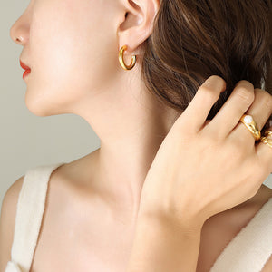 Solid Thick C Shape Hoop Earrings Gold Steel Small Large