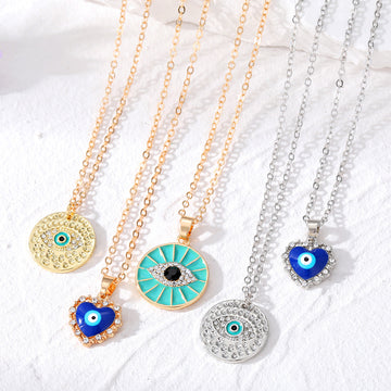 Gold and Silver Tone Heart and Geometric Evil Eye Pendant Necklaces