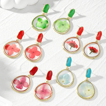Gold Tone Round Pressed Flower Resin Stud Drop Earrings