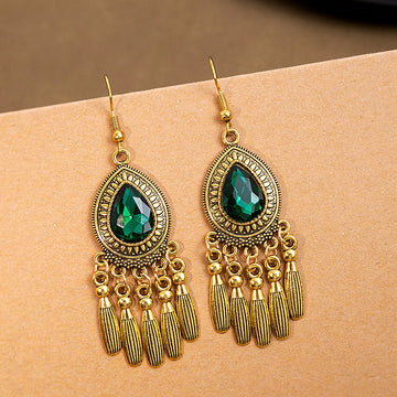Nine Antique Gold Colored Stone Tassel Hook Earrings