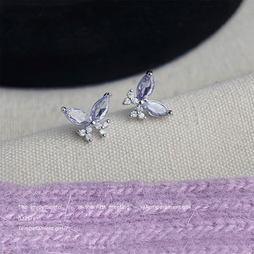 Silver Tone Purple Faceted Stone Butterfly Stud Earrings