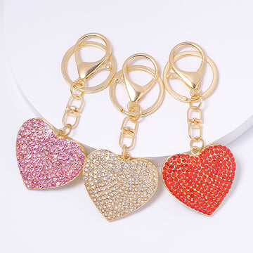 Rhinestone Heart Keychain Gold Tone Metal Bag Charm Pendant