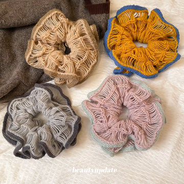 Openwork Yarn Flower Scrunchie Double Layer Hair Tie