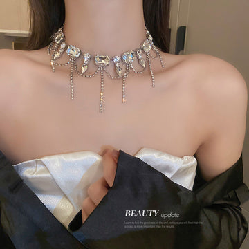 Silver Tone Crystal Rhinestone Tassel Choker Statement Necklace