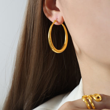 Thick Polished Large Metal Hoop Earrings Gold Or Steel Tone