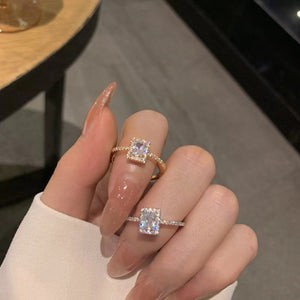 Gold Tone Square Clear Crystal Halo Ring With Textured Band